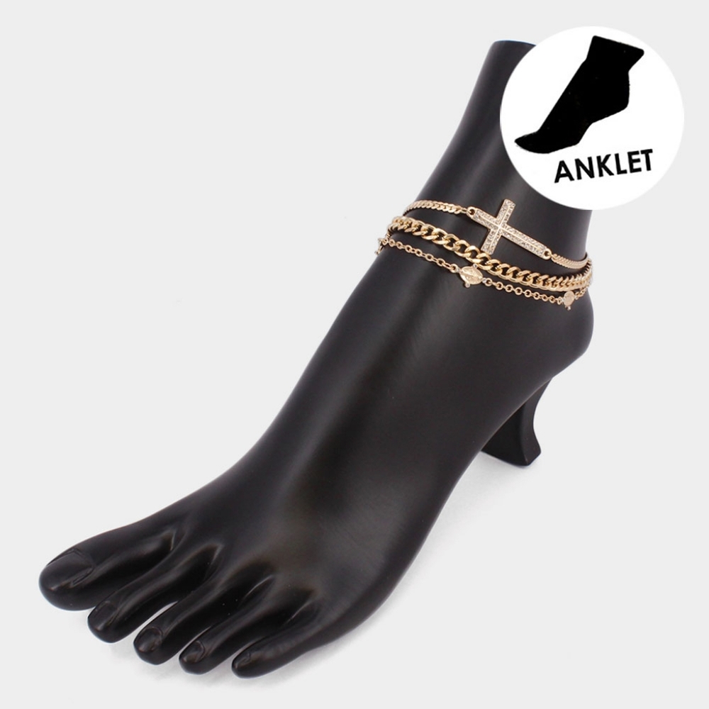 Gold Chain Virgin Mary Sideways Cross Pendant Rhinestone Layered Anklet Metal